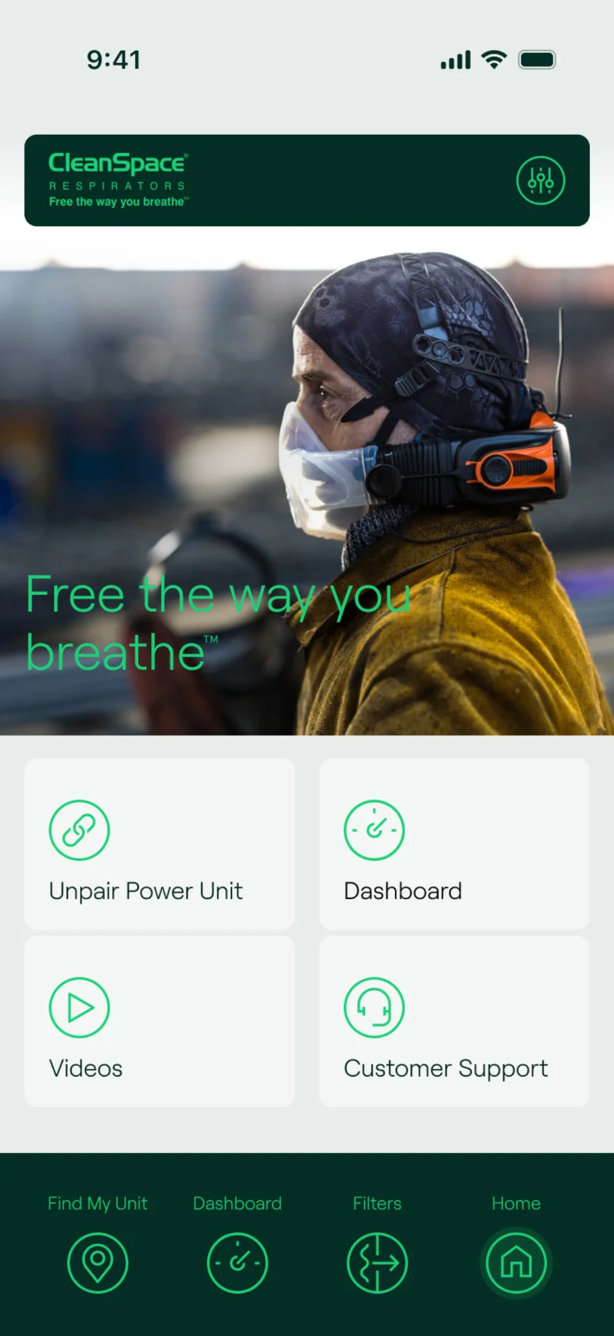 CleanSpace mobile app home screen